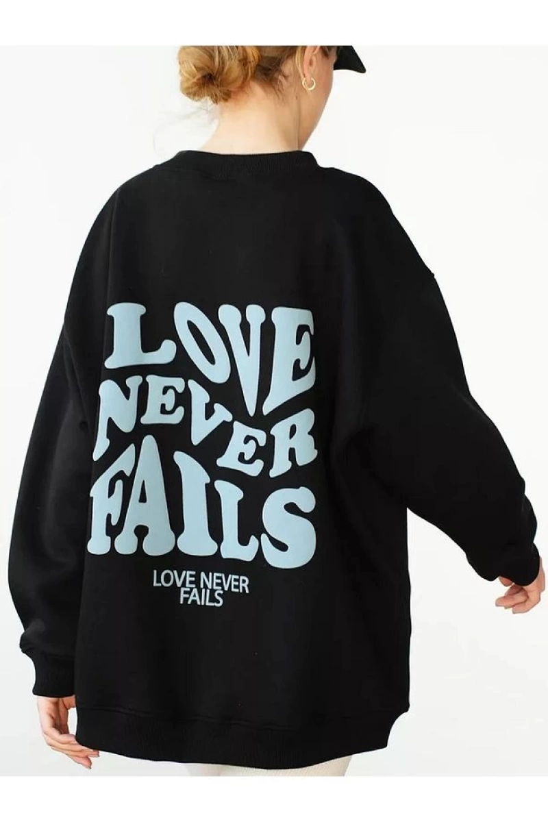 Cupla Unisex Love Never Fails Bisiklet Yaka Sweatshirt Siyah