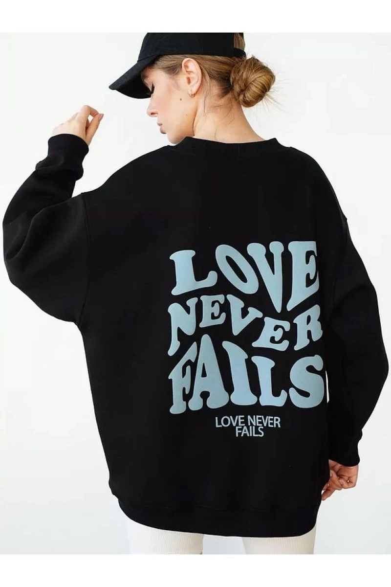 Cupla Unisex Love Never Fails Bisiklet Yaka Sweatshirt Siyah