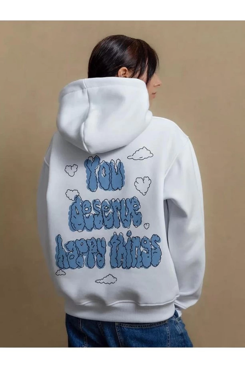 Cupla Unisex You Deserve Happy Things Sweatshirt Beyaz