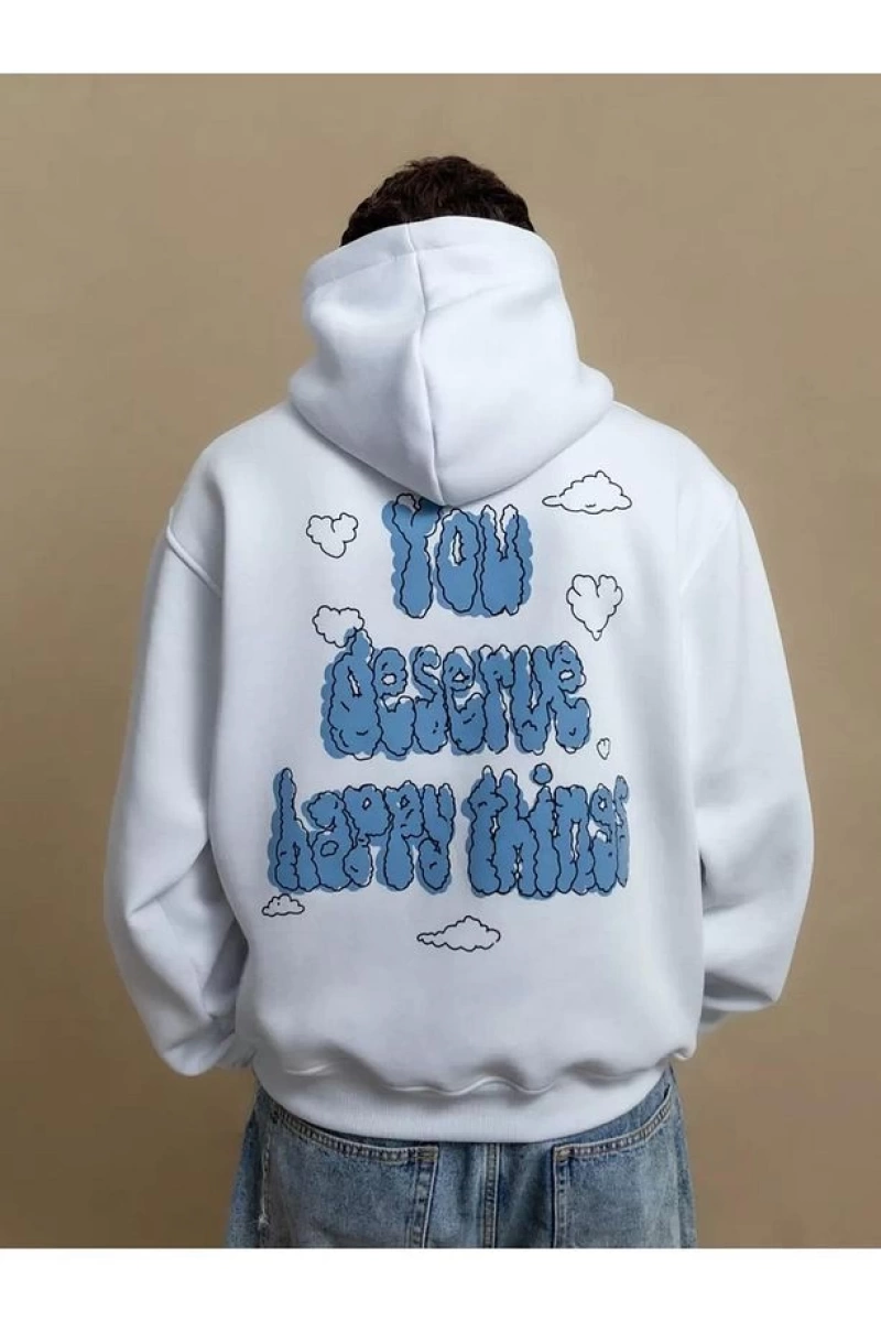 Cupla Unisex You Deserve Happy Things Sweatshirt Beyaz
