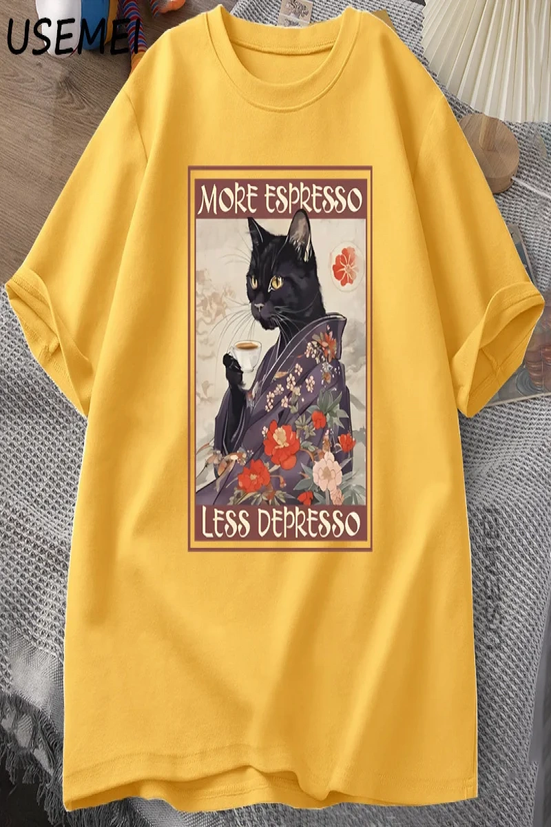 Daha fazla Espresso Daha Az Depresso Esprili T-Shirt Erkek Kadın Siyah Kedi Kahve TPa 3003