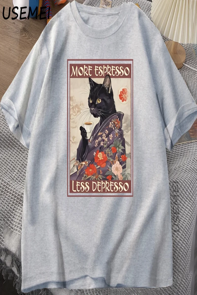 Daha fazla Espresso Daha Az Depresso Esprili T-Shirt Erkek Kadın Siyah Kedi Kahve TPa 3003