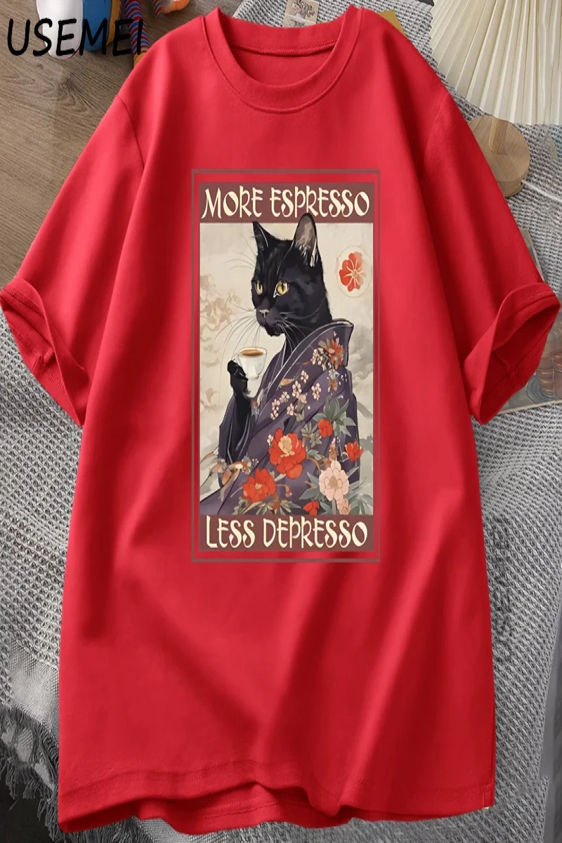 Daha fazla Espresso Daha Az Depresso Esprili T-Shirt Erkek Kadın Siyah Kedi Kahve TPa 3003
