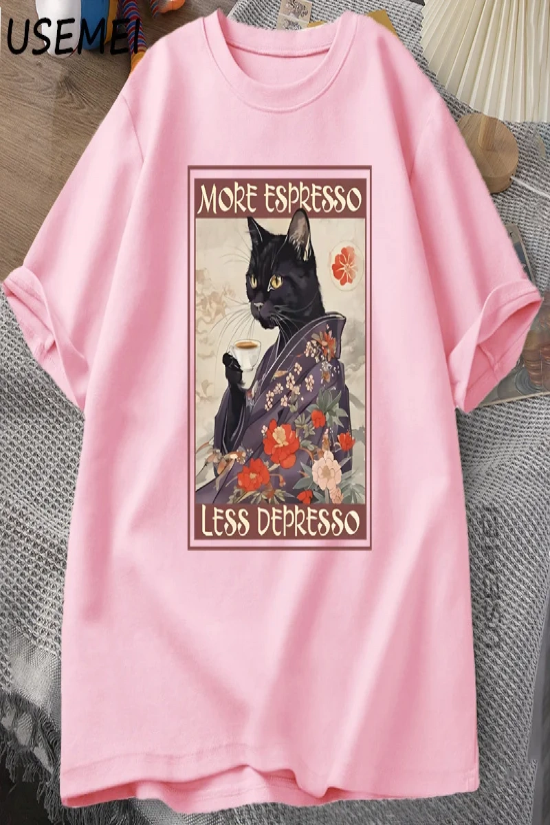 Daha fazla Espresso Daha Az Depresso Esprili T-Shirt Erkek Kadın Siyah Kedi Kahve TPa 3003