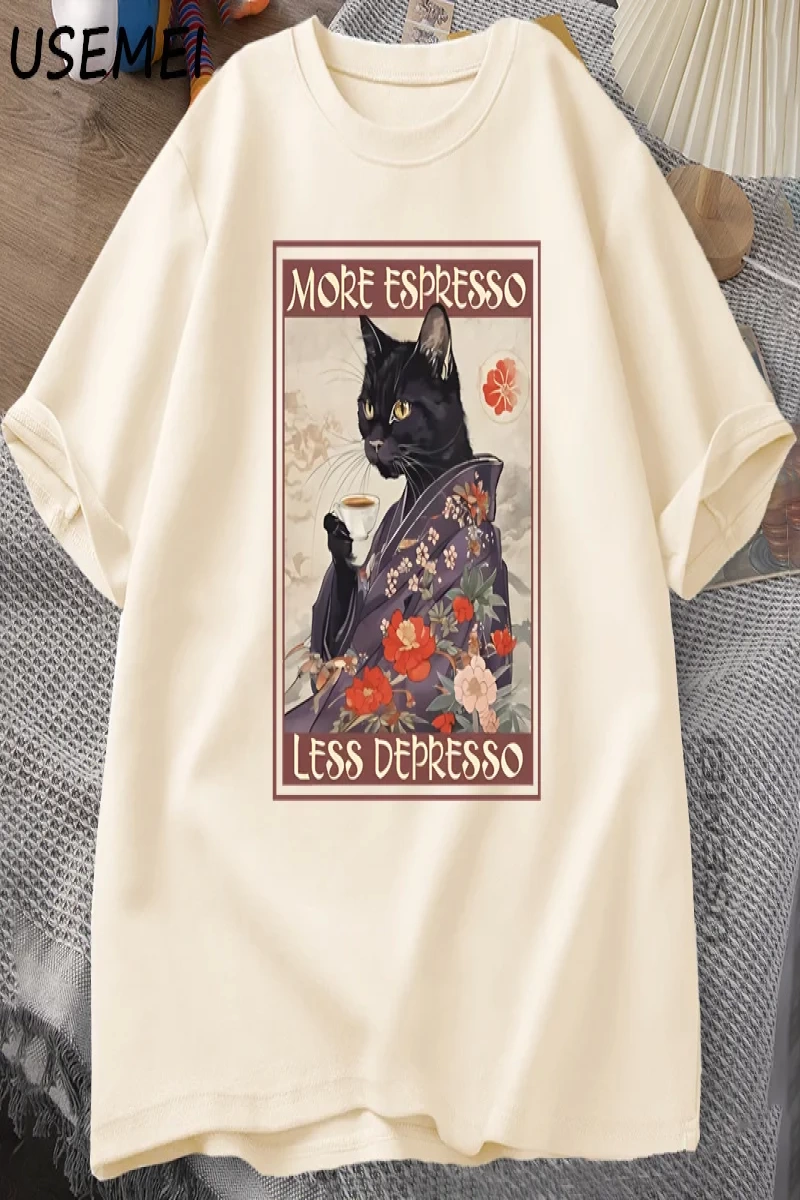 Daha fazla Espresso Daha Az Depresso Esprili T-Shirt Erkek Kadın Siyah Kedi Kahve TPa 3003