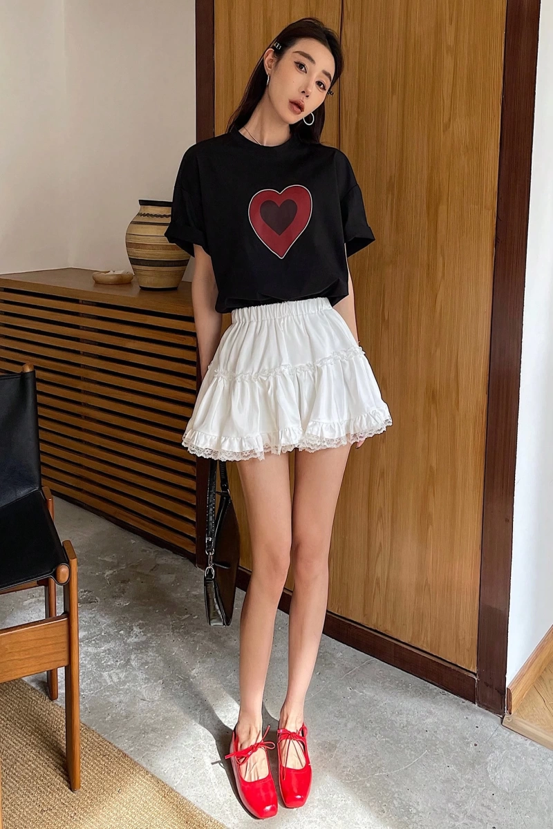 DAZY Bahar Plaj Tatil Stili Kalp Baskılı Bol Günlük Kadın Tişörtü