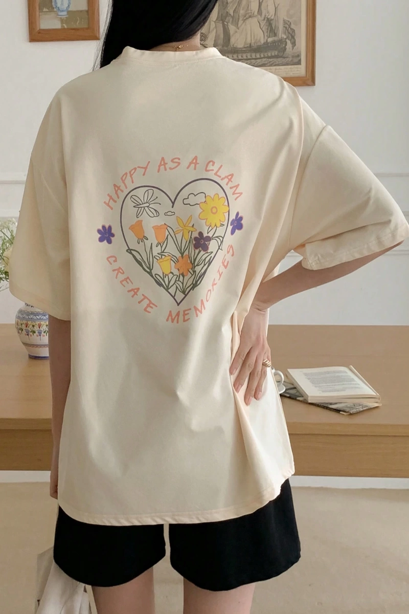DAZY Floral & Slogan Grafikli Omuzdan Askılı Tişört MUTLU BİR İSTİRİDYE GİBİ ANILAR YARATIN