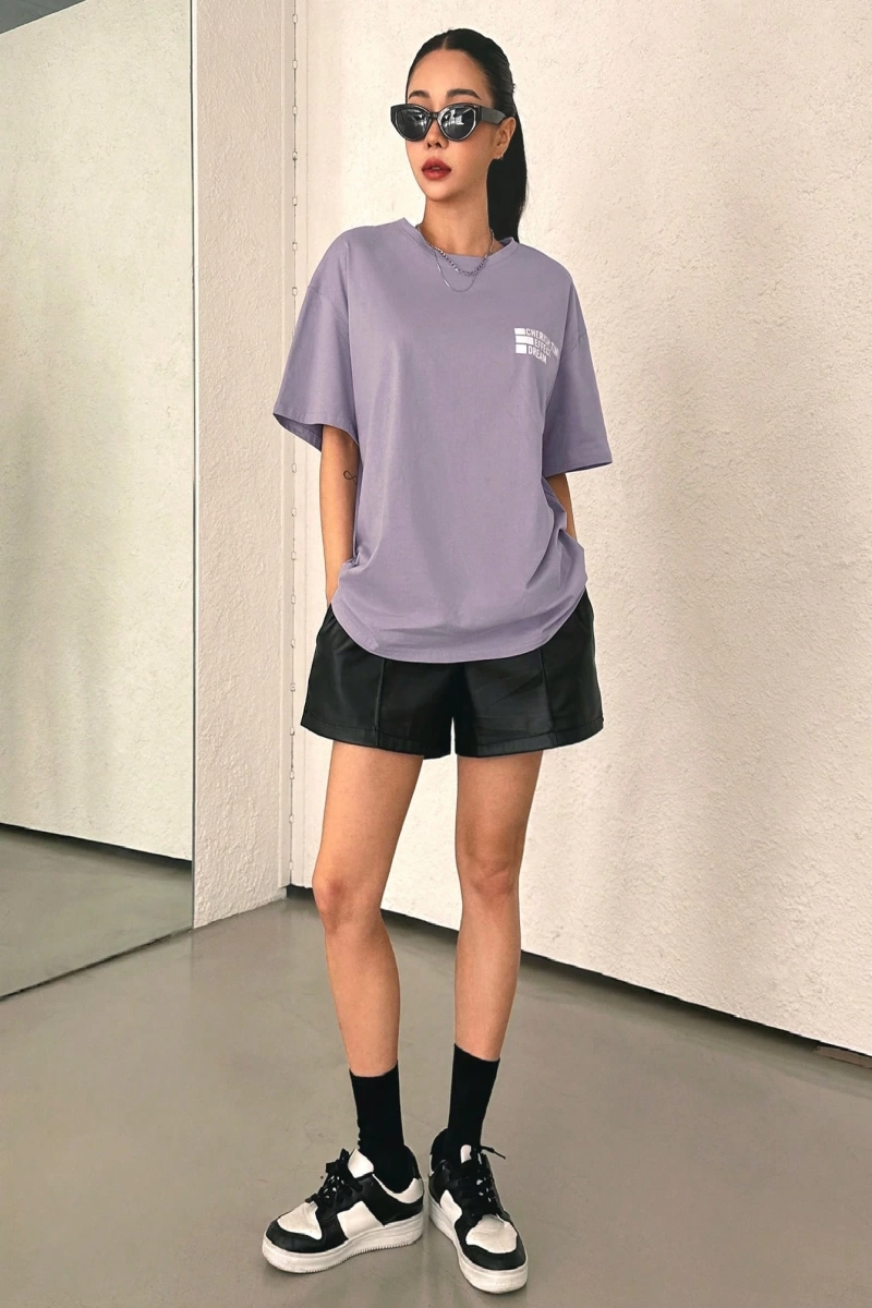 DAZY Harfli Grafik Düşük Omuzlu Tişört CHERISH TIME EFFECT DREAM