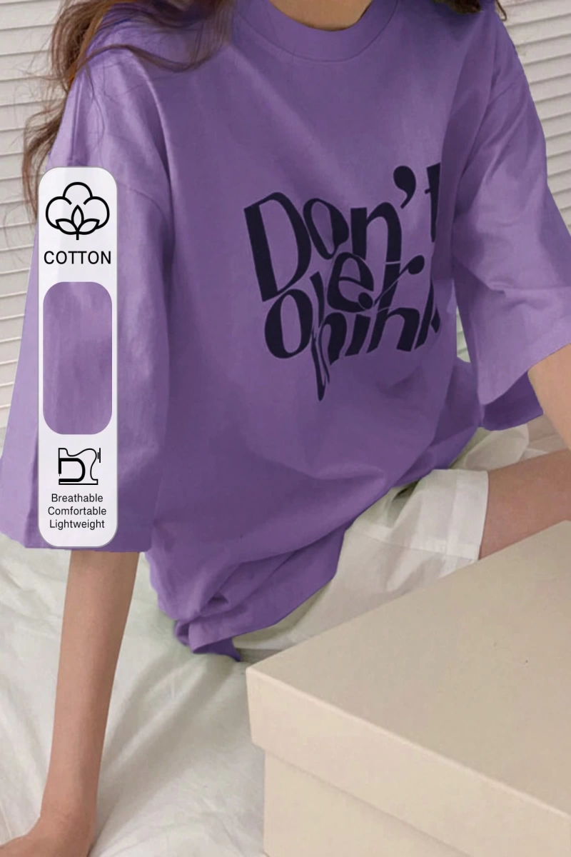 DAZY Harfli Grafik Düşük Omuzlu Tişört Fazla Düşünmeyin