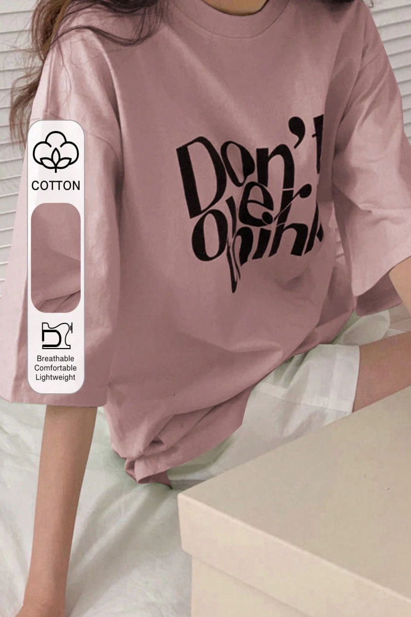 DAZY Harfli Grafik Düşük Omuzlu Tişört Fazla Düşünmeyin