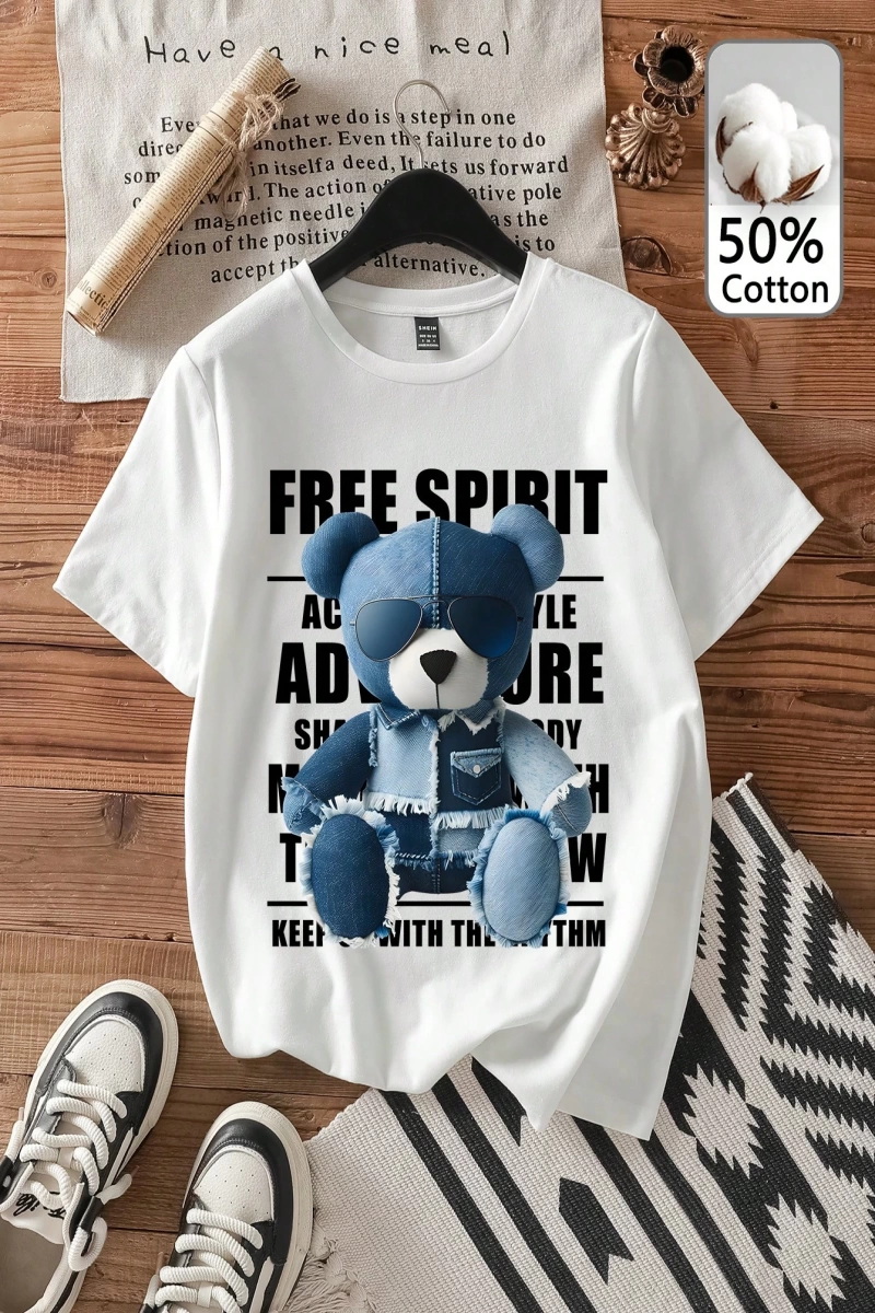 DAZY Kadın Bol Harf ve Kedi Grafik Baskılı Kısa Kollu Parlak Yeşil Tişört, İlkbahar/Yaz