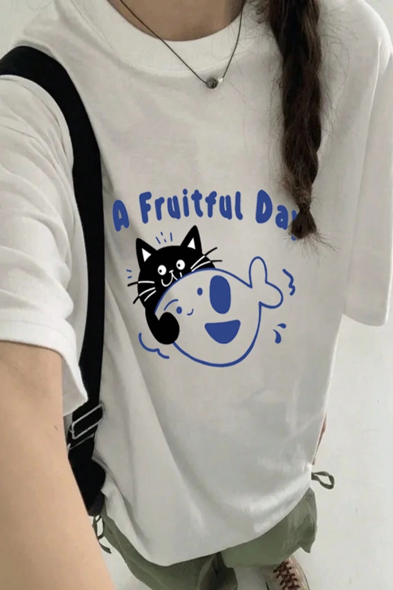 DAZY Kadın Bol Harf ve Kedi Grafik Baskılı Kısa Kollu Parlak Yeşil Tişört, İlkbahar/Yaz