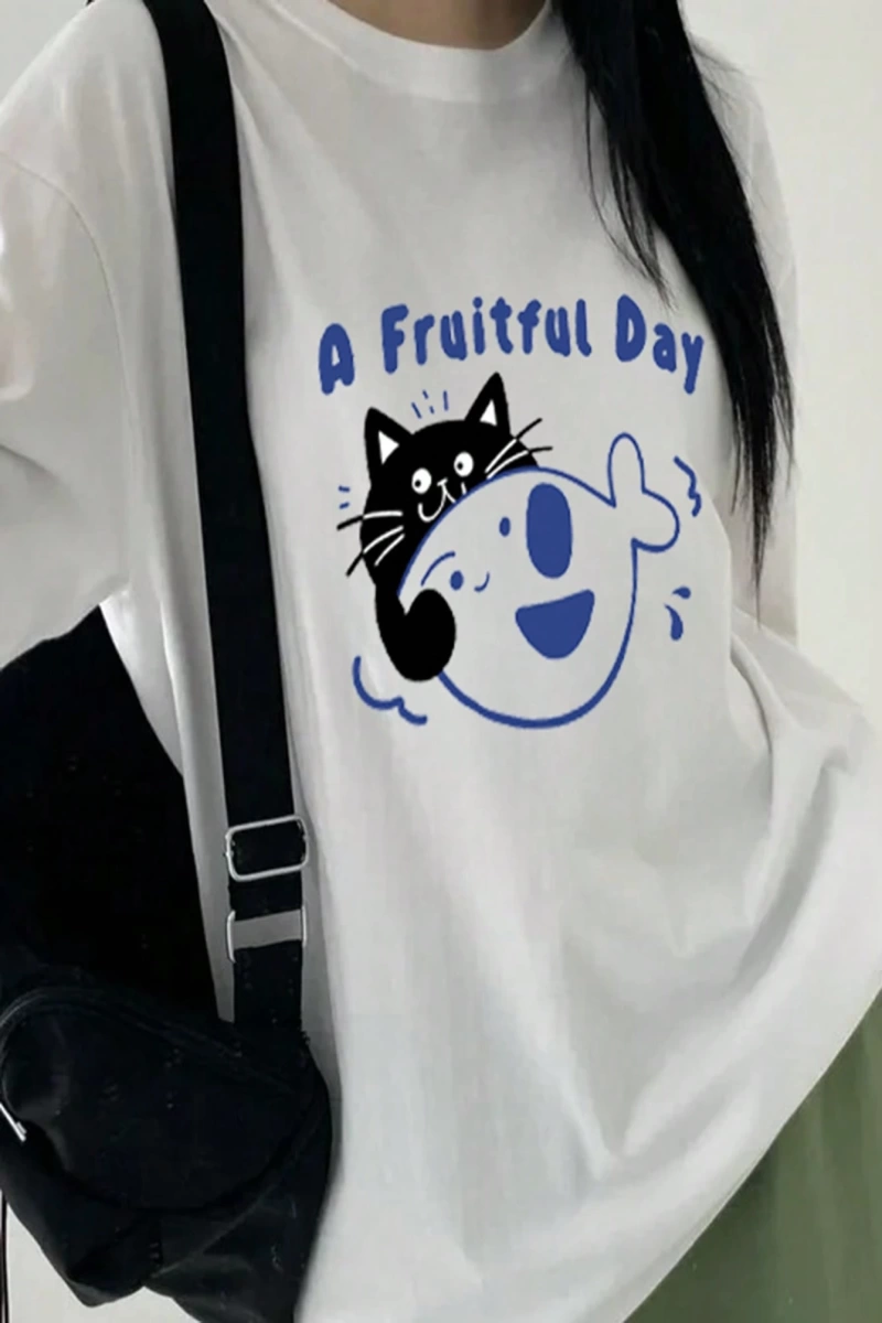 DAZY Kadın Bol Harf ve Kedi Grafik Baskılı Kısa Kollu Parlak Yeşil Tişört, İlkbahar/Yaz