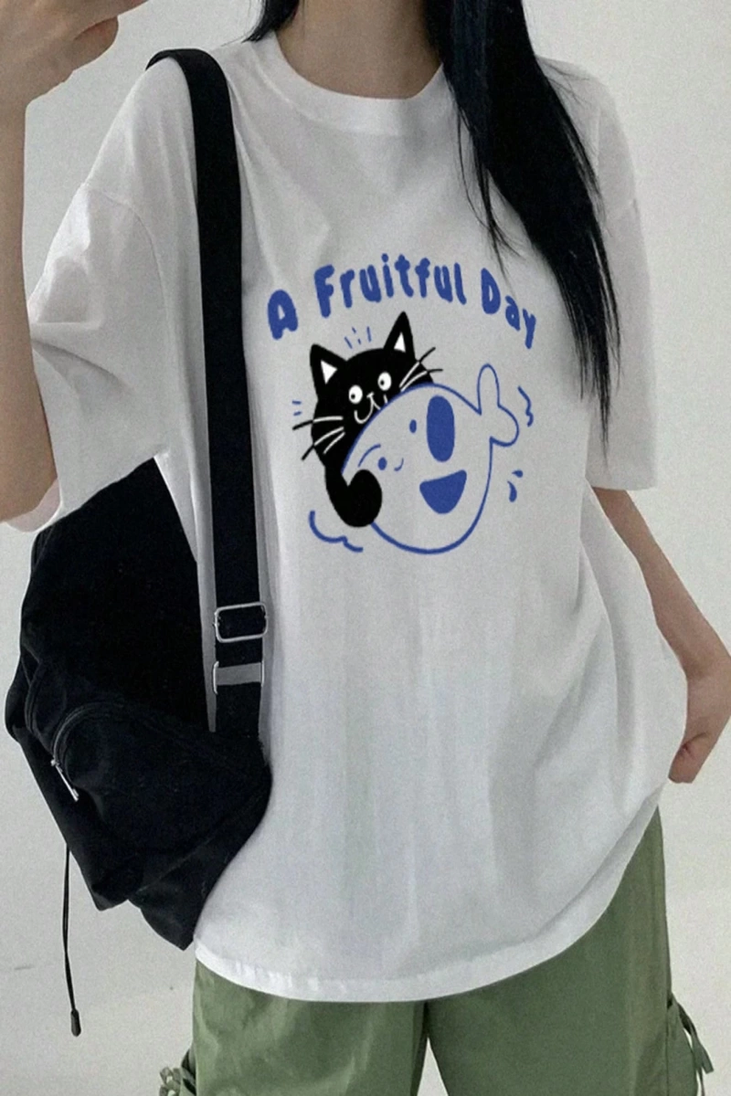 DAZY Kadın Bol Harf ve Kedi Grafik Baskılı Kısa Kollu Parlak Yeşil Tişört, İlkbahar/Yaz