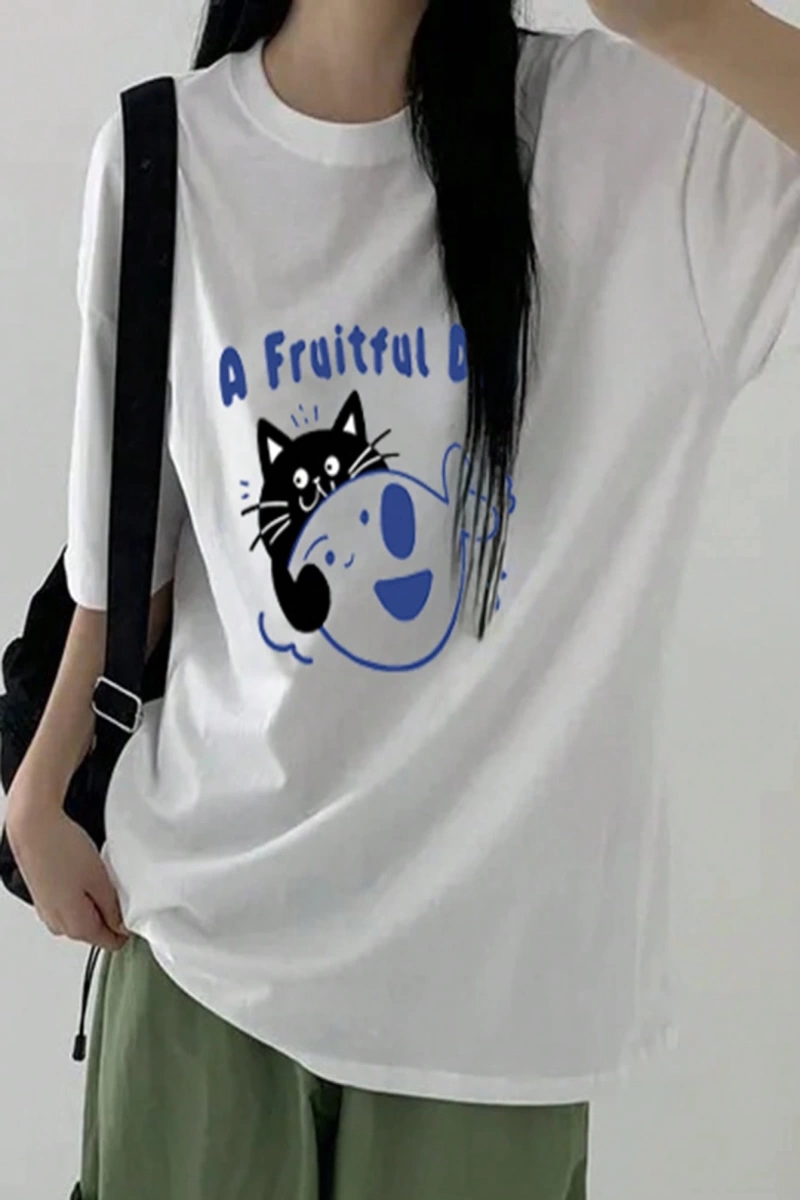 DAZY Kadın Bol Harf ve Kedi Grafik Baskılı Kısa Kollu Parlak Yeşil Tişört, İlkbahar/Yaz