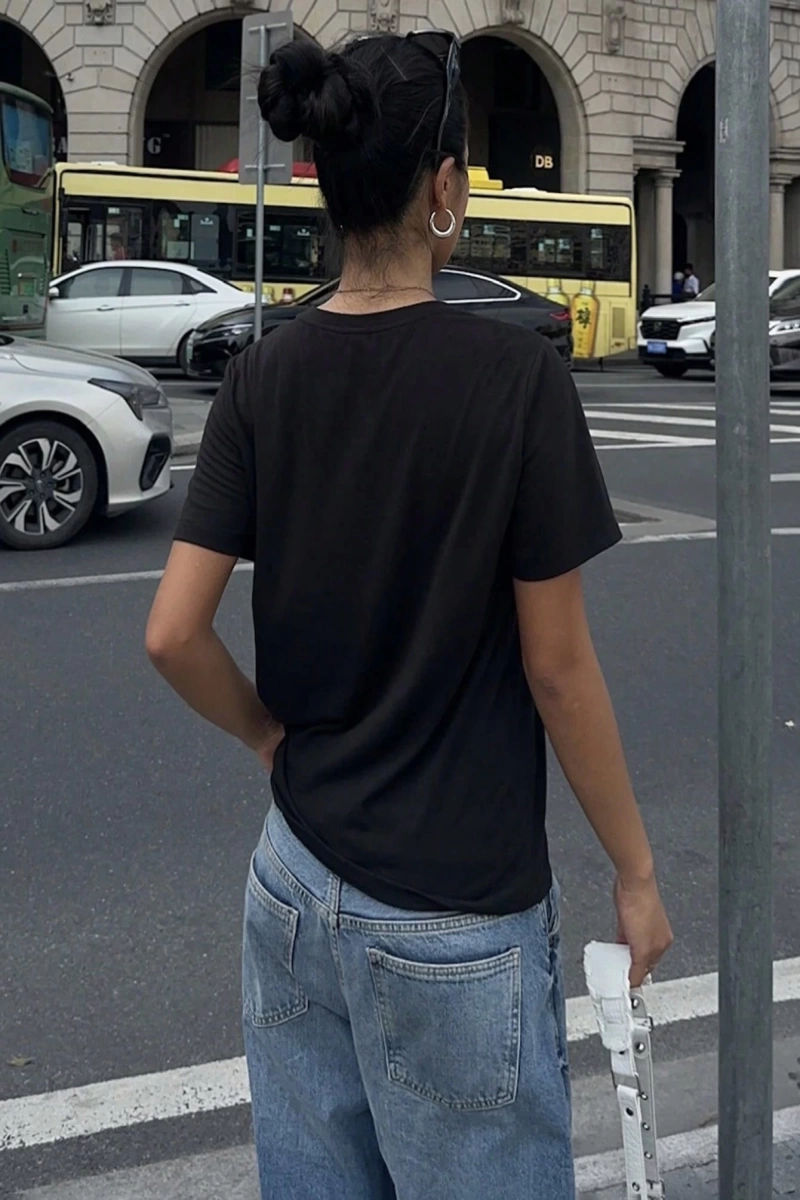 DAZY Kadın Bol Kesim Yuvarlak Yaka Kısa Kollu Tişört Büyük Harf Baskılı, Pembe, İlkbahar/Yaz
