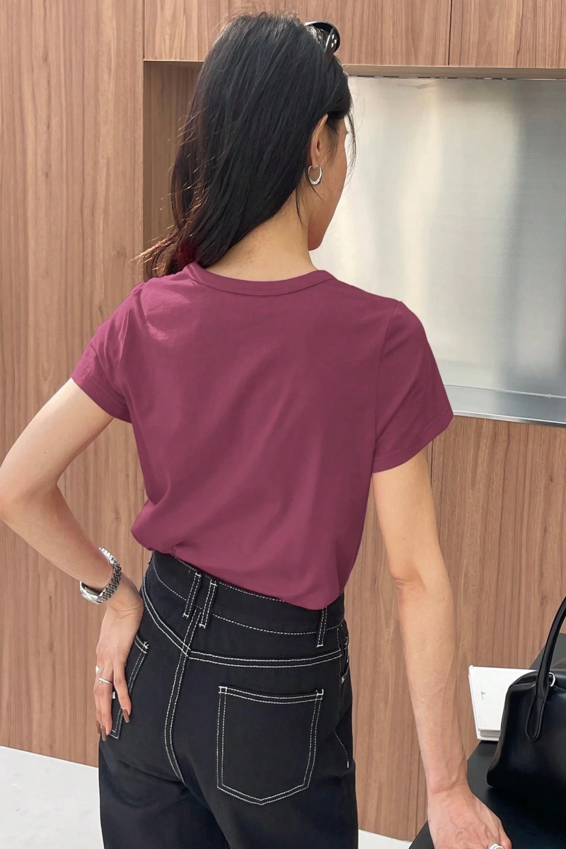 DAZY Kadın Düz Renk Kalp Nakışlı Kısa Kollu Tişört Yaz