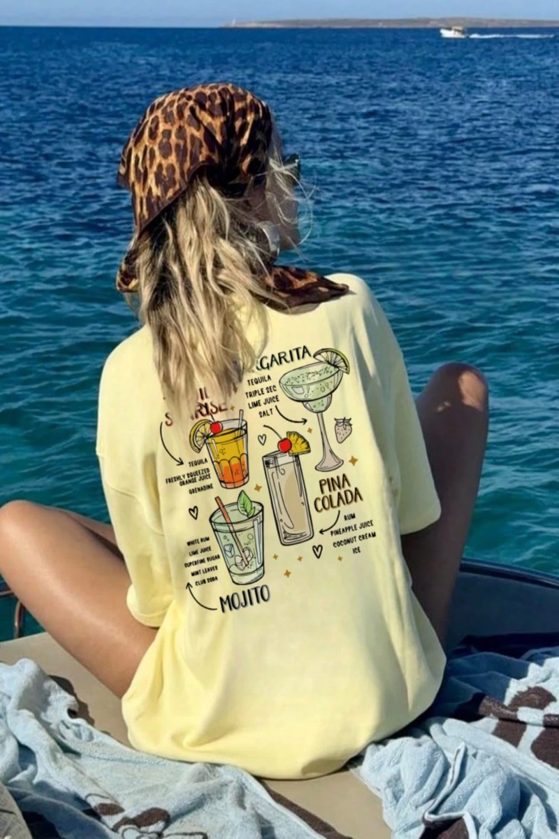DAZY Kadın Grafik Baskılı Bol Beyaz Kısa Kollu Tişört, İlkbahar/Yaz
