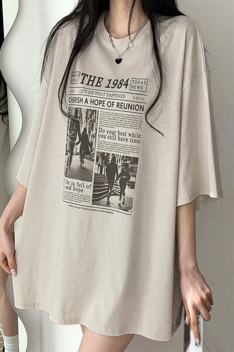 DAZY Kadın Karakter Slogan Baskılı Düşük Omuz Bol Tişört