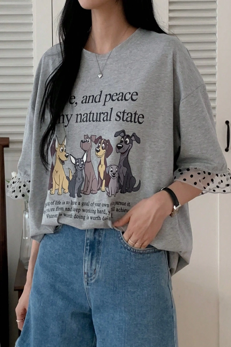 DAZY Kadın Karikatür ve Puantiyeli Baskılı Patchwork Bol Kısa Kollu Tişört