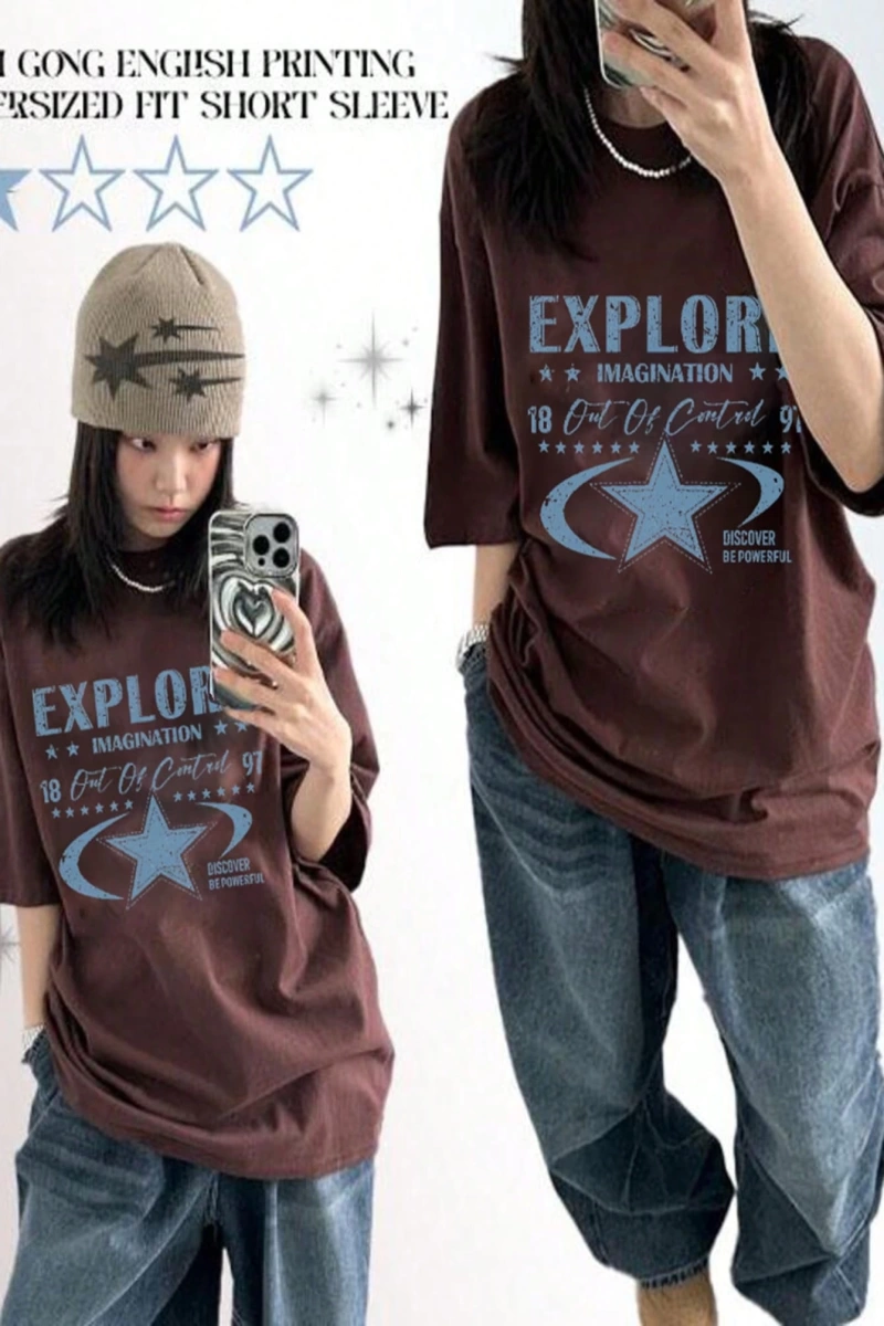 DAZY Kadın Mektup Baskılı Kontrast Renk Bol Yuvarlak Yaka Kısa Kollu Tişört, İlkbahar/Yaz