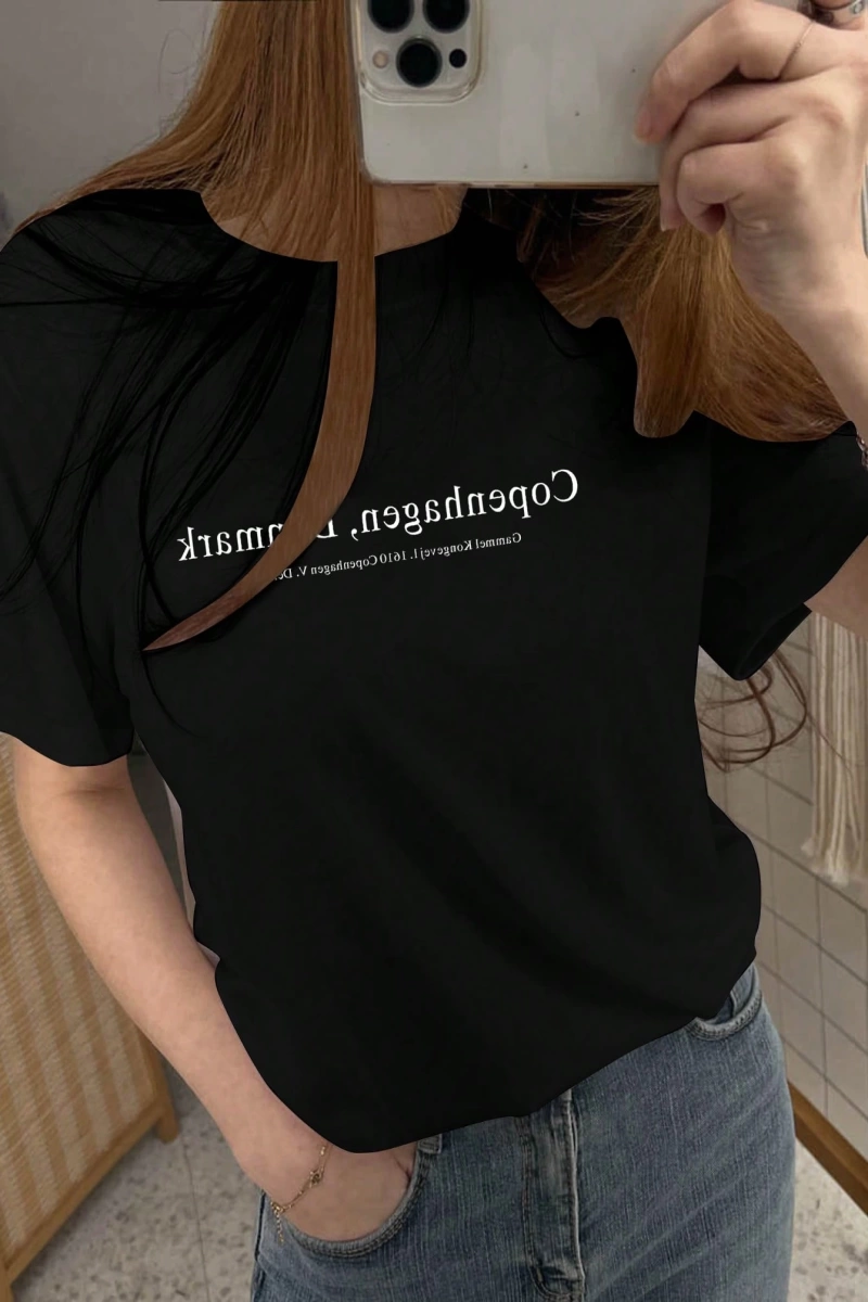 DAZY Kadın Yazlık Rahat Slogan Grafik Yuvarlak Yaka Tişört