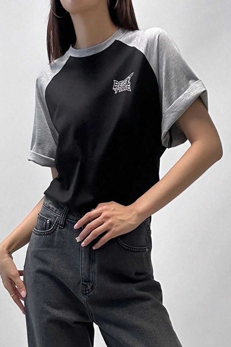 DAZY Kontrast Mektup Baskılı Raglan Kısa Kollu Tişört