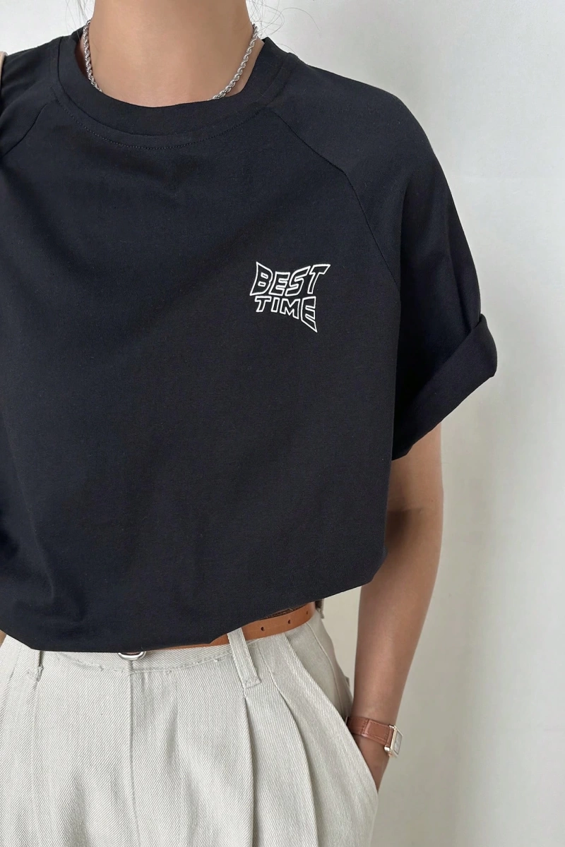 DAZY Kontrast Mektup Baskılı Raglan Kısa Kollu Tişört