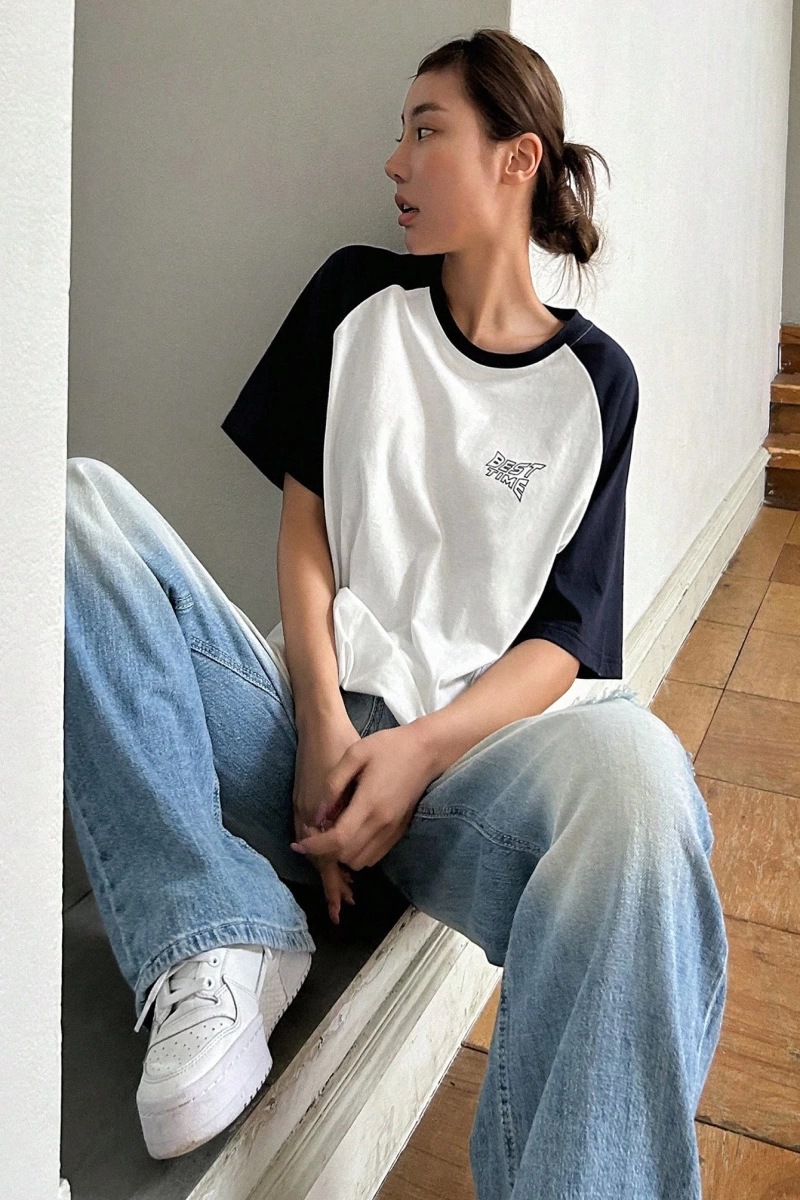 DAZY Kontrast Mektup Baskılı Raglan Kısa Kollu Tişört
