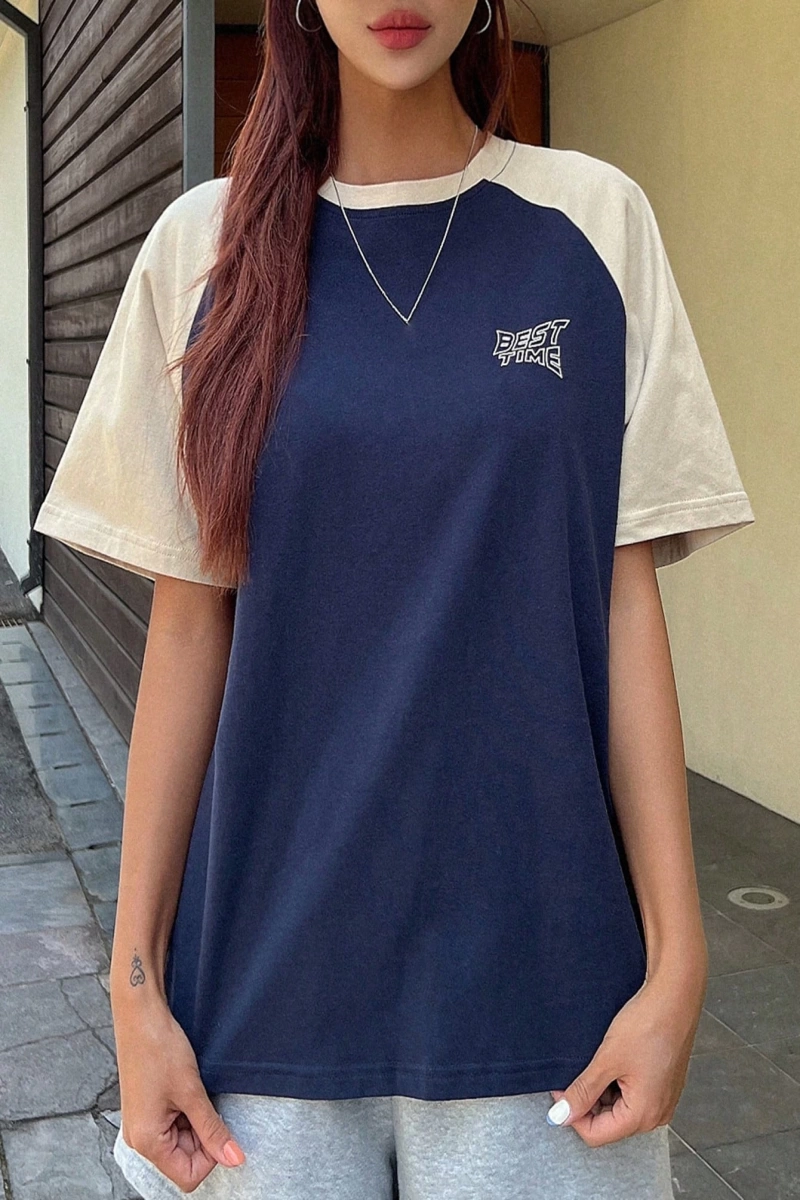 DAZY Kontrast Mektup Baskılı Raglan Kısa Kollu Tişört