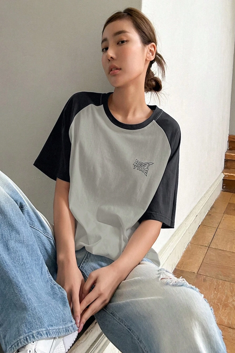 DAZY Kontrast Mektup Baskılı Raglan Kısa Kollu Tişört