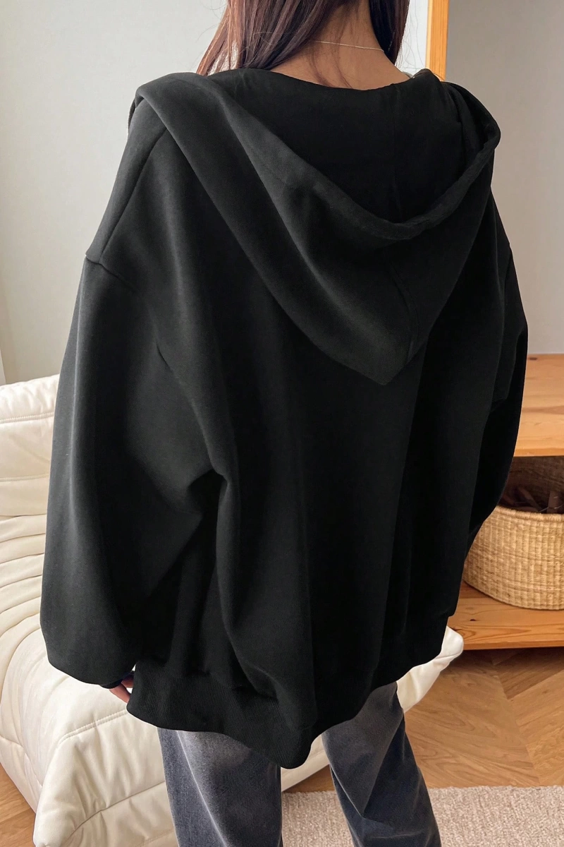 Dazy-Less 1 Adet Kadın Düz Renk İşlemeli Harf Polar Kapşonlu Sweatshirt Sweatshirt Model 5154