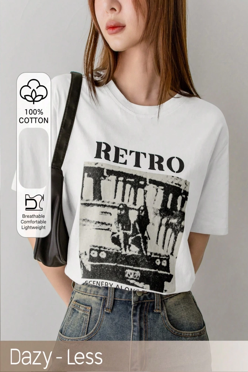 Dazy-Less Kadın Retro Desen Kısa Kollu Yazlık Tişört YOL BOYUNCA MANZARALAR 19DA MUTLU ZAMAN