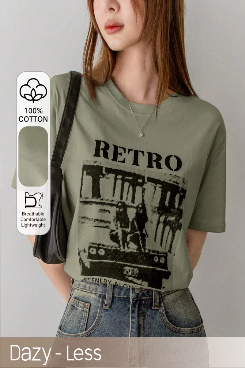 Dazy-Less Kadın Retro Desen Kısa Kollu Yazlık Tişört YOL BOYUNCA MANZARALAR 19DA MUTLU ZAMAN