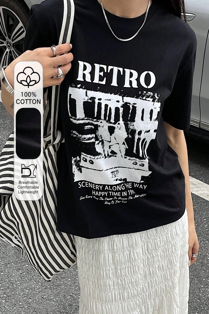 Dazy-Less Kadın Retro Desen Kısa Kollu Yazlık Tişört YOL BOYUNCA MANZARALAR 19DA MUTLU ZAMAN