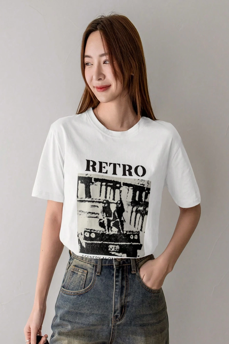 Dazy-Less Kadın Retro Desen Kısa Kollu Yazlık Tişört YOL BOYUNCA MANZARALAR 19DA MUTLU ZAMAN