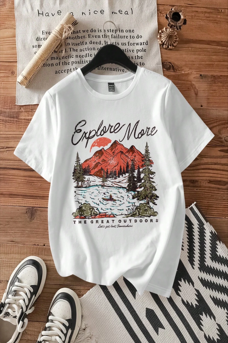 DAZY Loose Casual Letter Print Oversize Kadın Yuvarlak Yaka Düşük Omuz Tişört