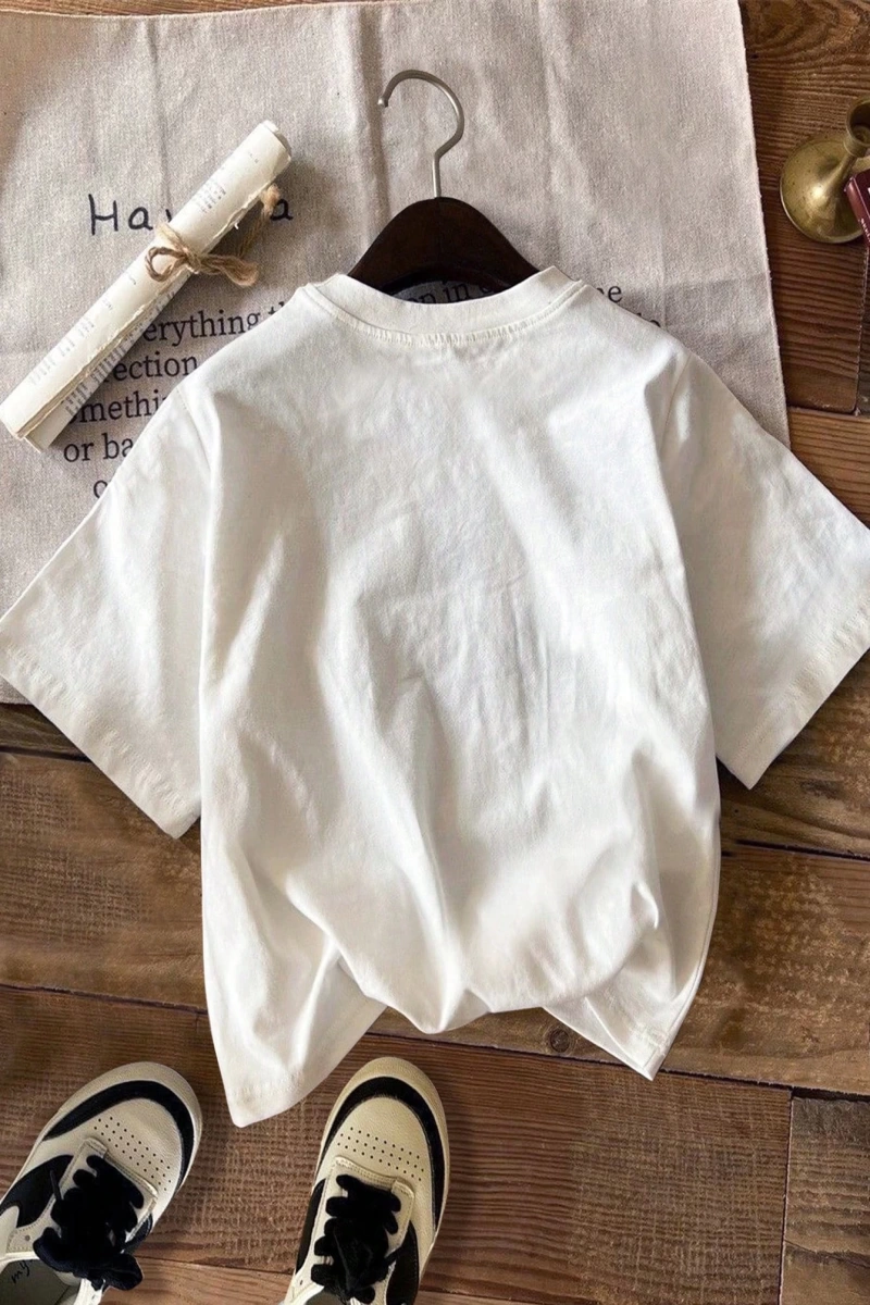 DAZY Loose Casual Letter Print Oversize Kadın Yuvarlak Yaka Düşük Omuz Tişört