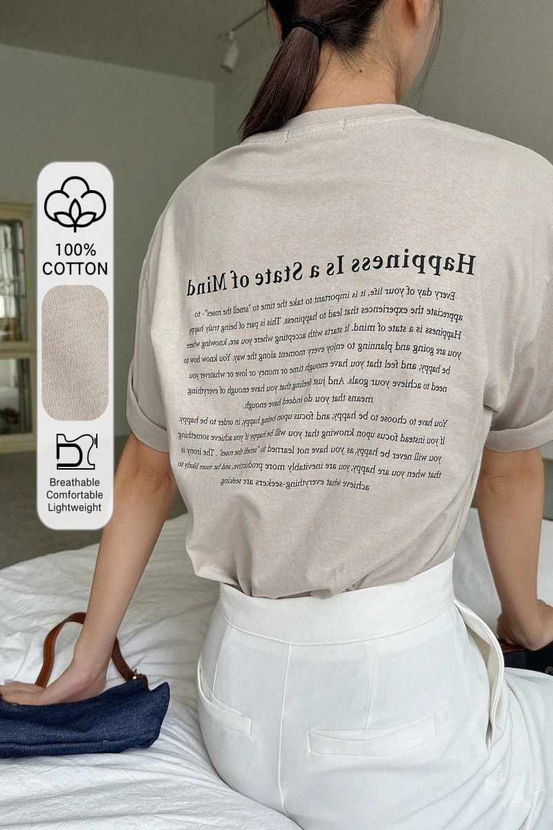 DAZY Slogan Grafik Düşük Omuz Tişört Mutluluk Bir Zihin Halidir