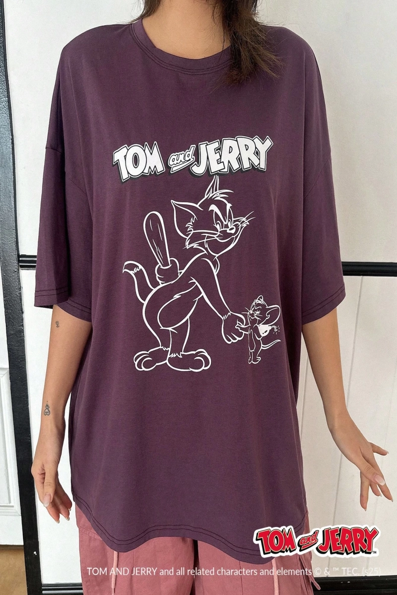 DAZY TOM AND JERRY X DAZY Bol Kesim Karikatür Baskılı Yuvarlak Yaka Kısa Kollu Kadın Tişörtü