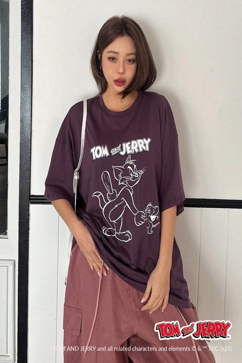 DAZY TOM AND JERRY X DAZY Bol Kesim Karikatür Baskılı Yuvarlak Yaka Kısa Kollu Kadın Tişörtü
