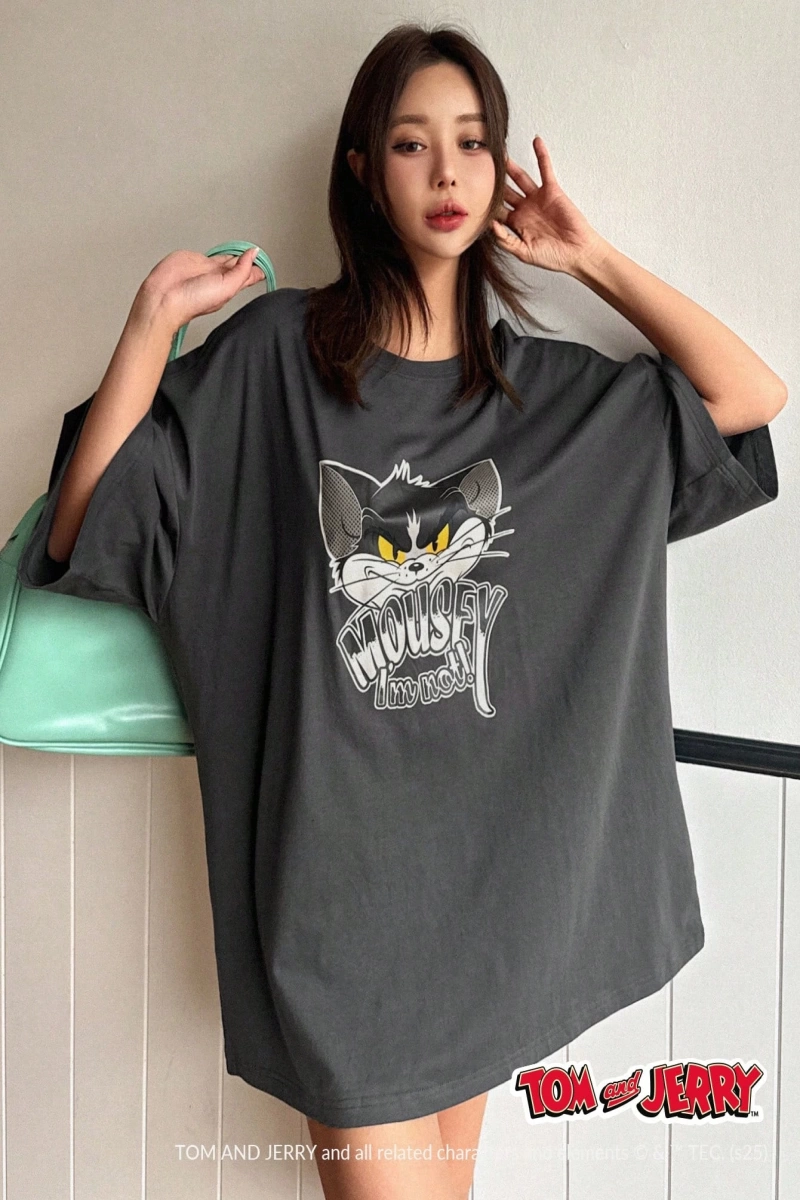 DAZY TOM AND JERRY X DAZY Rahat Bol Karikatür Baskılı Kısa Kollu Kadın Tişörtü