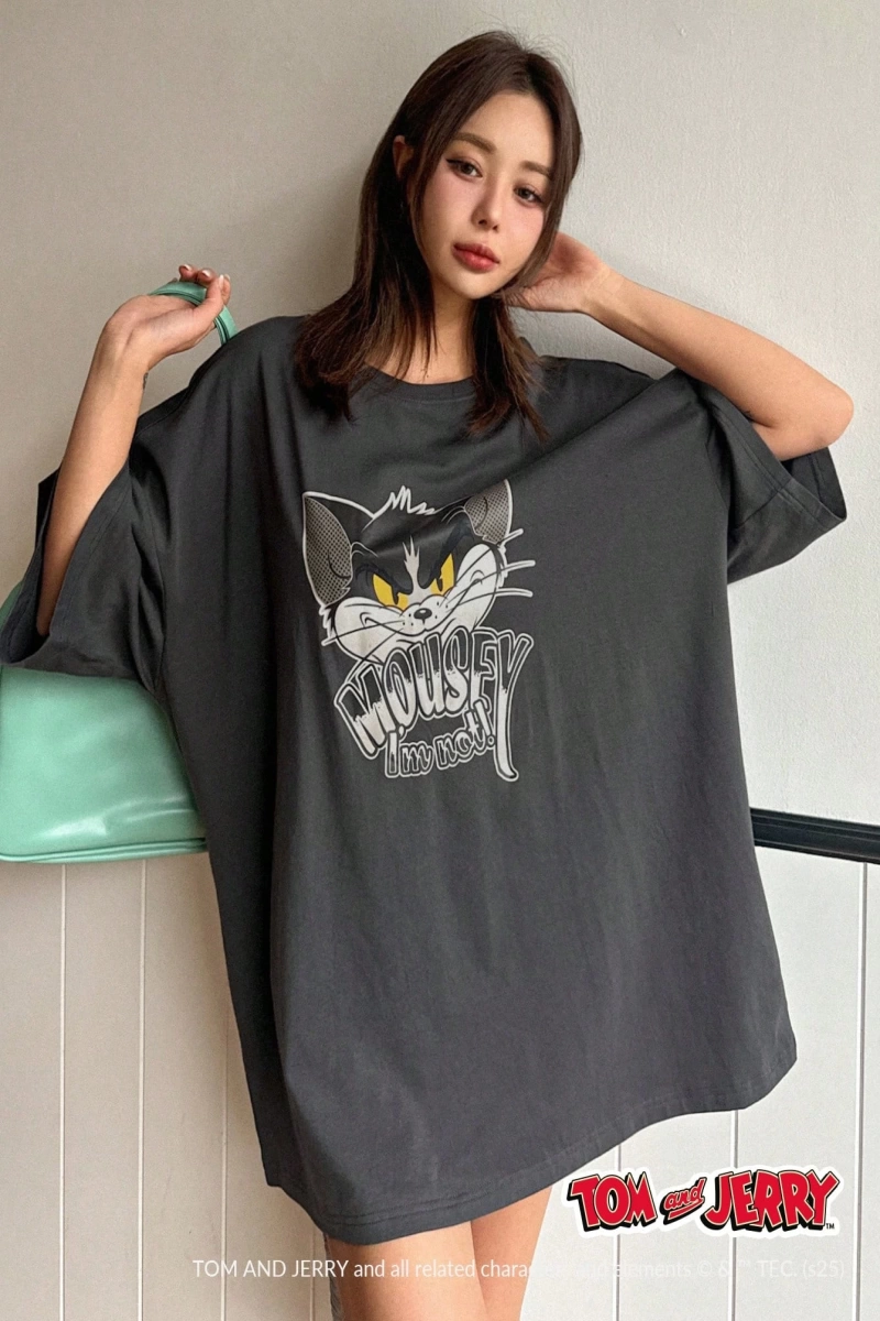 DAZY TOM AND JERRY X DAZY Rahat Bol Karikatür Baskılı Kısa Kollu Kadın Tişörtü