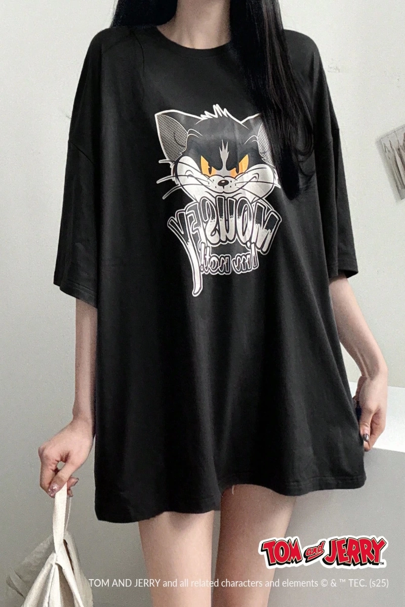 DAZY TOM AND JERRY X DAZY Rahat Bol Karikatür Baskılı Kısa Kollu Kadın Tişörtü