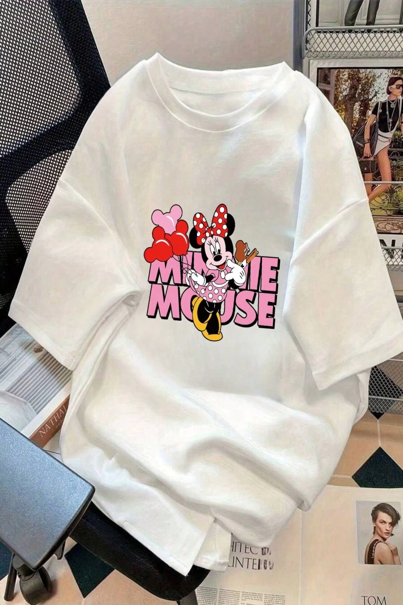 DAZY TOM AND JERRY X DAZY Rahat Yuvarlak Yaka Gevşek Harf Ve Karikatür Kedi Baskılı Uzun Kısa