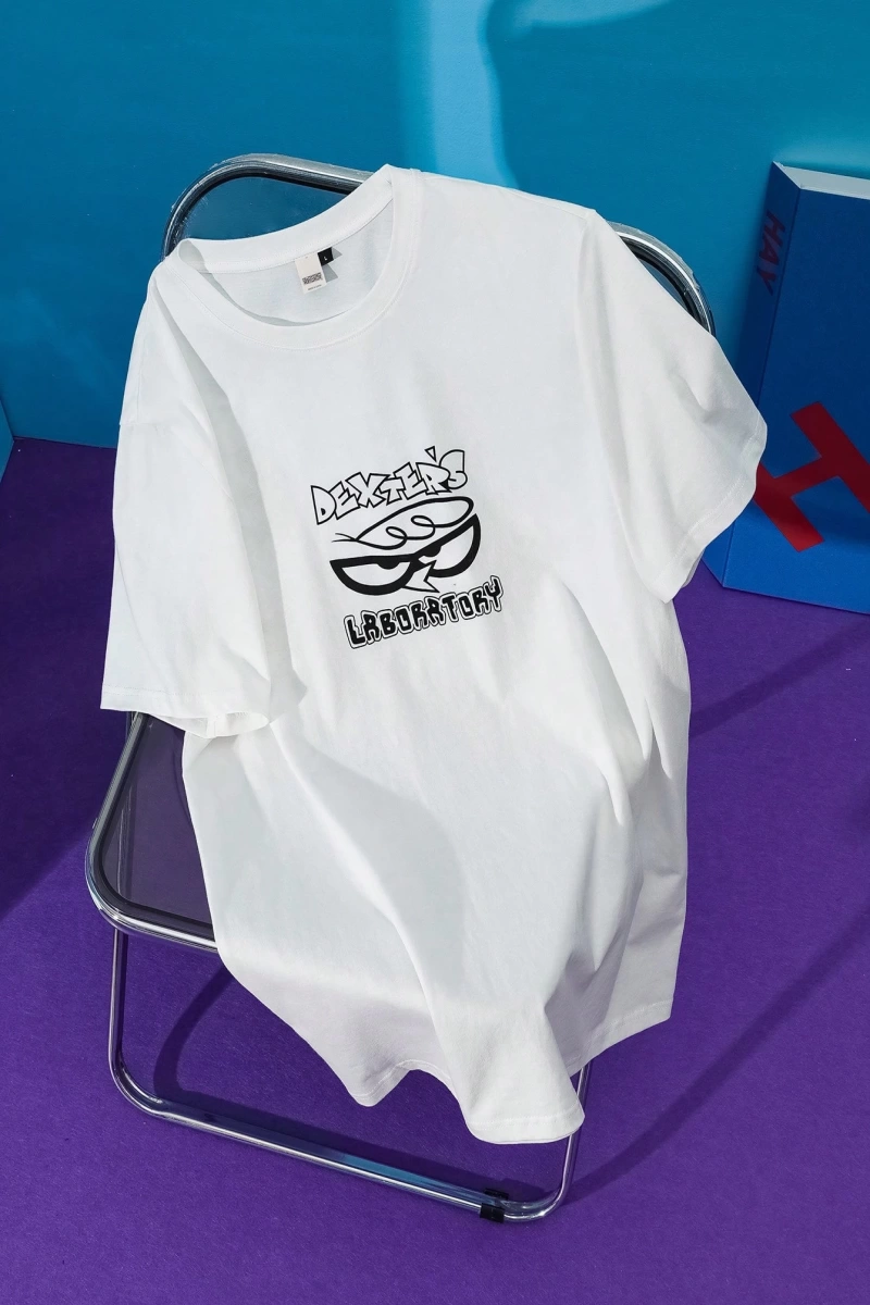 Dexters Laboratory X SHEIN Unisex Günlük Örgü Figür Grafik Beyaz Kısa Kollu %100 Pamuklu Tiş