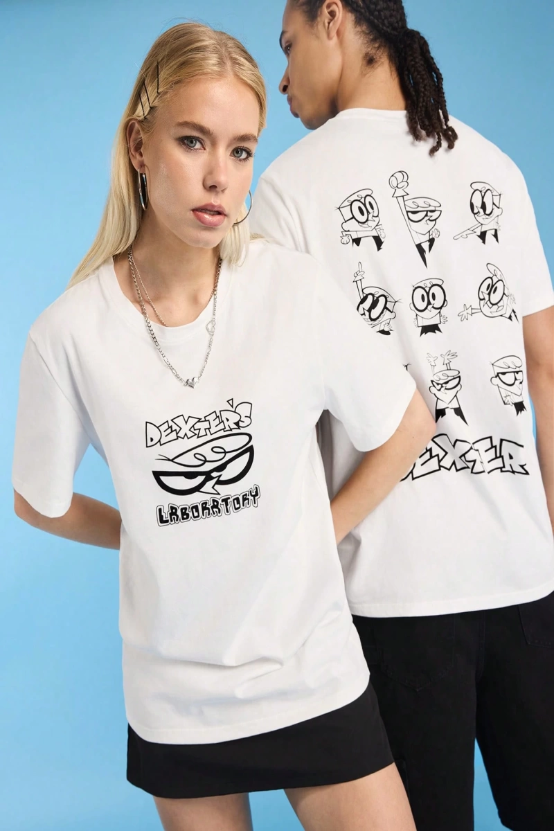 Dexters Laboratory X SHEIN Unisex Günlük Örgü Figür Grafik Beyaz Kısa Kollu %100 Pamuklu Tiş