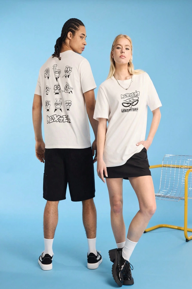 Dexters Laboratory X SHEIN Unisex Günlük Örgü Figür Grafik Beyaz Kısa Kollu %100 Pamuklu Tiş