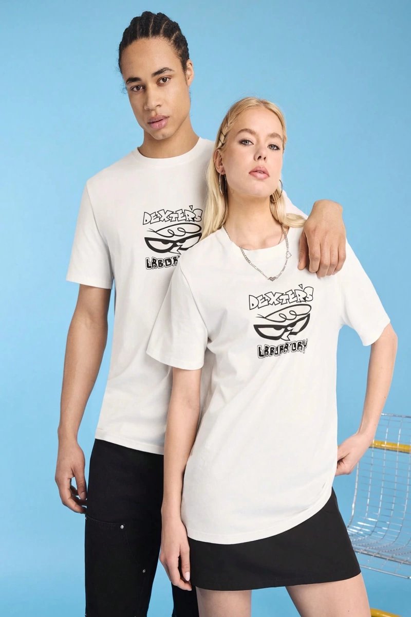 Dexters Laboratory X SHEIN Unisex Günlük Örgü Figür Grafik Beyaz Kısa Kollu %100 Pamuklu Tiş