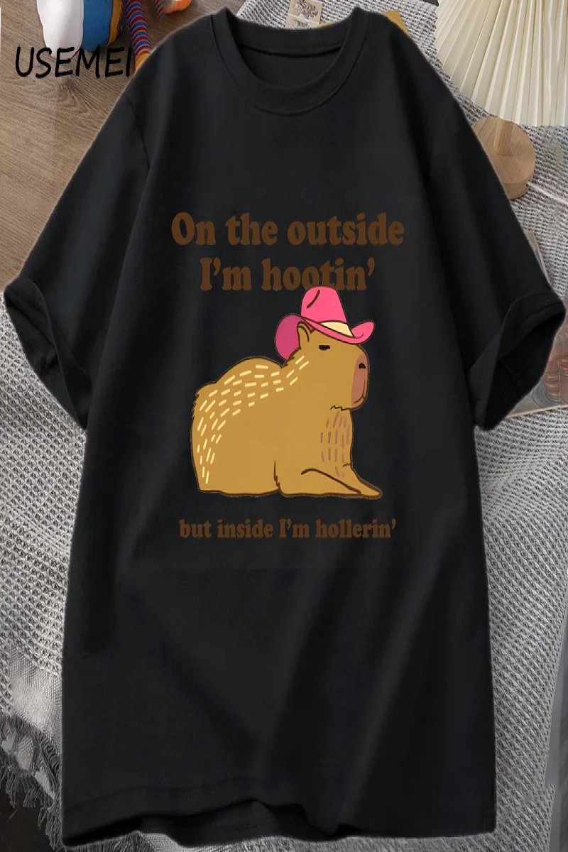 Dışarıda ben Hootin Capybara tişörtleri adam batı ruh sağlığı T-Shirt kovboy Cowgirl komik Me 3074